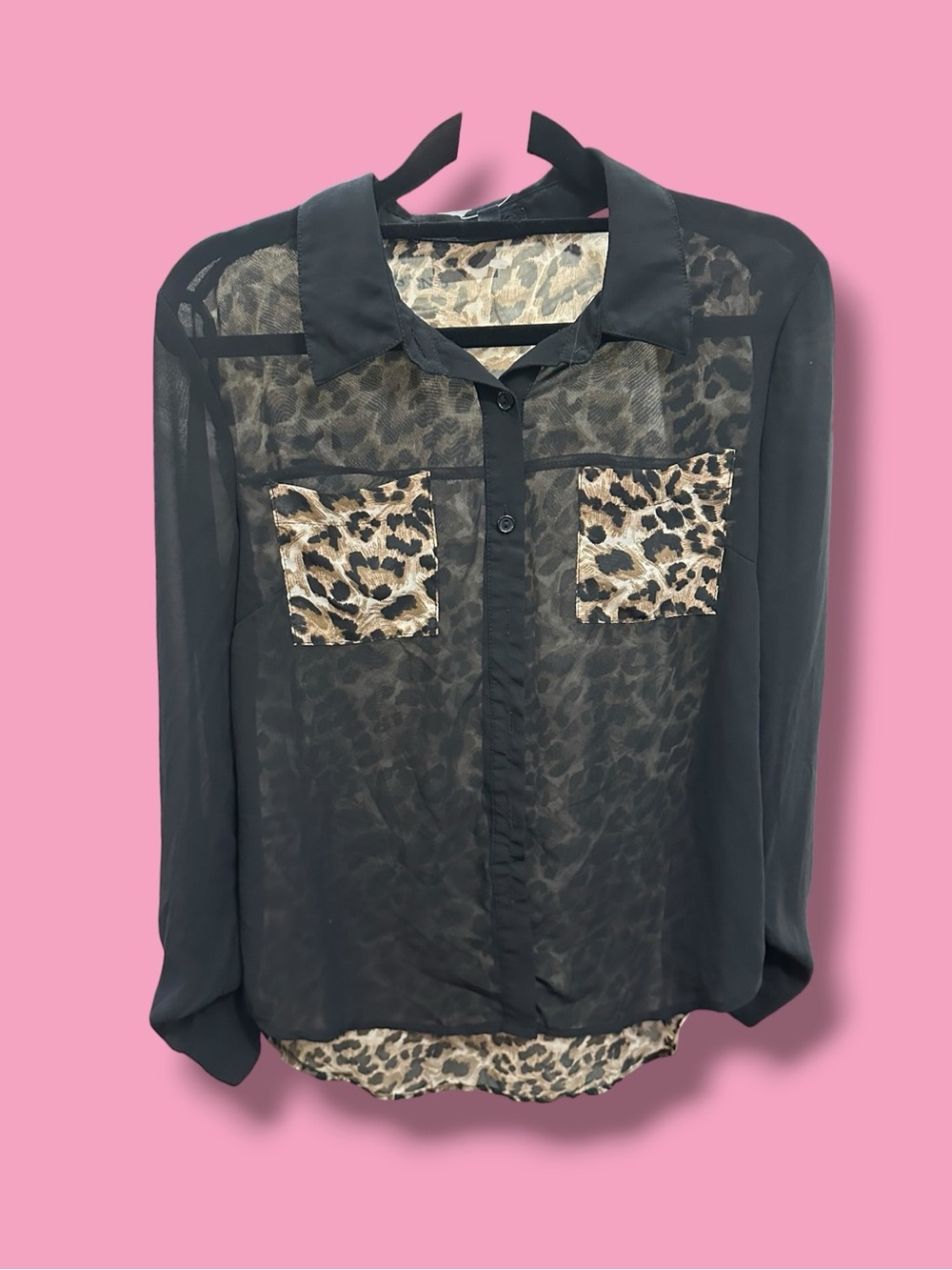 edge Black Sheer Button-Down Top with Leopard Pockets